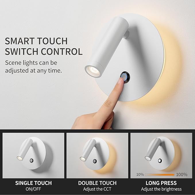 Aisilan 2-Pack Modern Wall Sconce with Touch Switch, Dimmable 6W Adjustable Wall Lamp, Dual-Mode Hardwired Bedside Lights, White Wall Mounted Lighting for Bedroom, Living Room & Hallway
