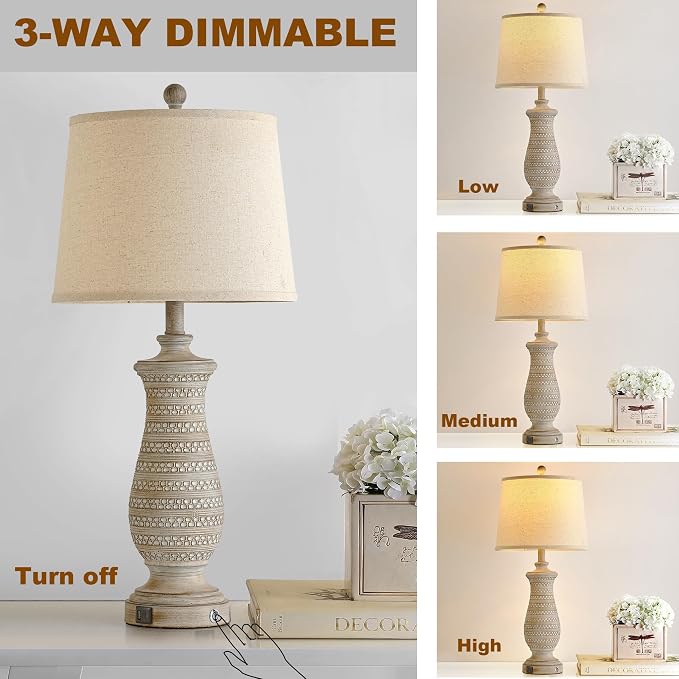 Farmhouse Table Lamps for Living Room Set of 2, Touch Lamps for Nightstand with Dual USB Charging Port, Bedside Table Lamp for Bedroom, 2 Bulb Included