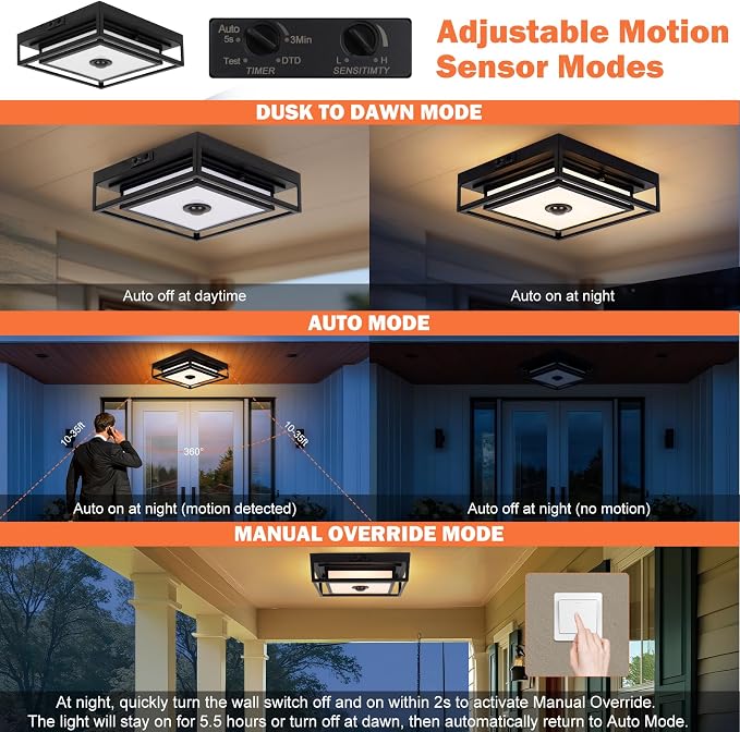 Motion Sensor Outdoor Ceiling Light LED Flush Mount Porch Ceiling Lights | 10.5" Square Dusk to Dawn Exterior Light Fixture, Modern Black Front Porch Ceiling Light, Patio Ceiling Lights Waterproof