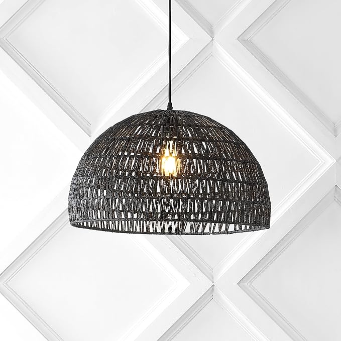 JONATHAN Y Campana 1-Light Pendant Dome Ceiling Lamp, 20", Black | Modern Coastal Farmhouse Decor, Adjustable Height, Woven Rope Metal Frame, LED Bulb Included, UL Listed