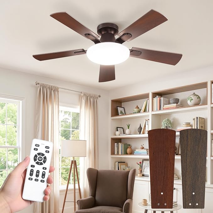 LEDIARY 42 Inch Flush Mount Ceiling Fans with Lights, Remote & APP Control | Bright Light, 3CCT, Dimmable, Memory Function, Timer, Reversible Blade, Quiet DC Motor, Damp-Rated, Bedroom, Covered Patio