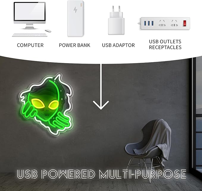 Green Alien Neon Sign USB Powered Alien LED Neon Light Signs for Man Cave Bedroom Game Room Bar Pub Party Home Decor Fantasy Gifts for Alien Fans, Teenage Boys, Kids