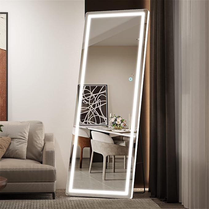 Hasipu Full Length Mirror with Lights, 65" x 22" LED Floor, Full Body Dressing Standing, Hanging Mounted Mirror, Round White