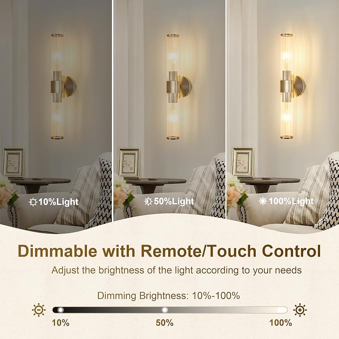 Morauroral Sand Nickel Battery Operated Wall Sconces Set of Two, Rechargeable Wall Sconce with Dimmable Remote Control, 20 Inch Wireless Sconce Wall Light for Bedroom, Living Room (Bulbs Included)