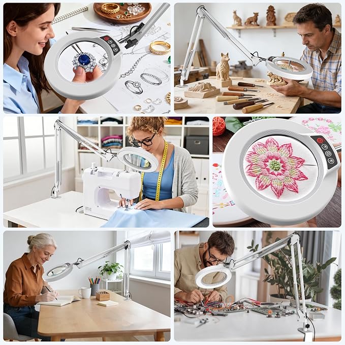 10X Magnifying Glass with Light and Clamp, Real Glass Stand Lighted Magnifier, 2*16 Arm 5 Color Modes Stepless Dimmable LED Desk Lamp Hands Free for Craft Hobby Reading Painting Close Work Large White