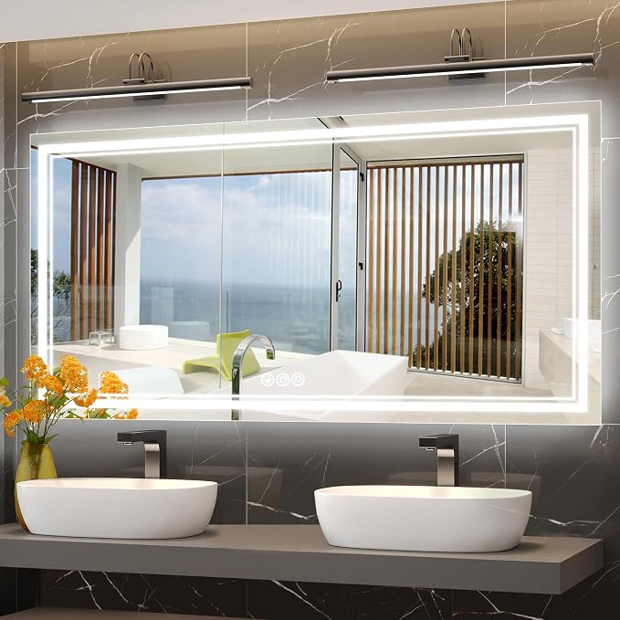 Ratsamee 84x40 Inch Led Mirror for Bathroom with Front Light and Backlit, Bathroom Mirror with Led Lights, Vanity Mirror with Lights for Wall, Anti-Fog, Dimmable, Memory Function, Tempered Glass