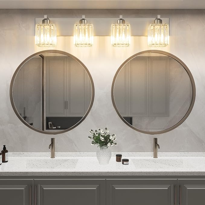 Aipsun Brushed Nickel Bathroom Lighting Fixtures 4 Light Crystal Modern Bathroom Vanity Light (Exclude Bulb)