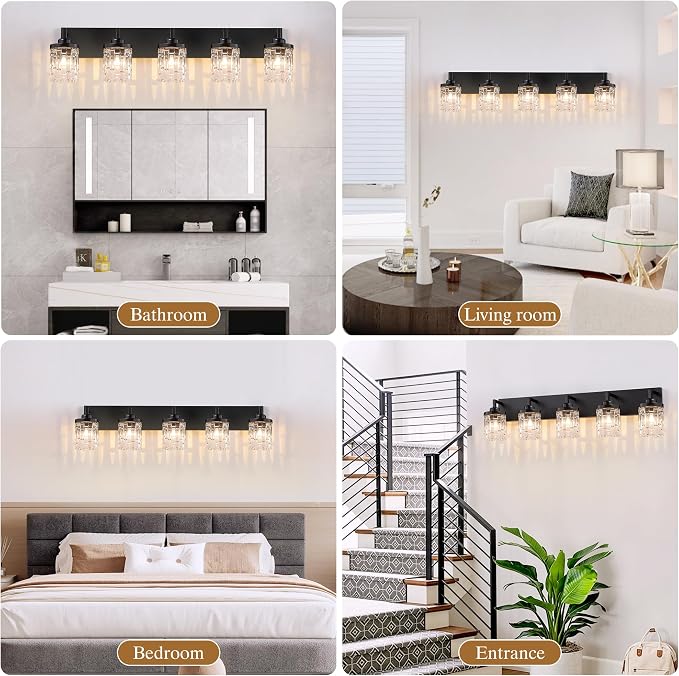 maesta Black Bathroom Light Fixture,5 Light Modern Vanity Light Over Mirror | Modern Vanity Light, Black Metal & Crystal Glass Fixture, Anti-Rust, Easy to Install for Bathroom Hallway Bedroom Entryway