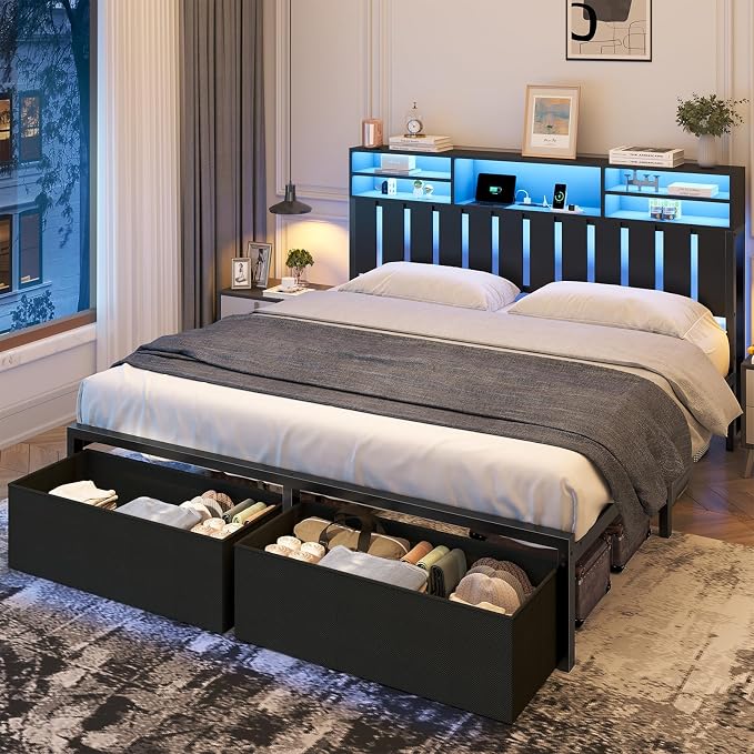 Queen Size Bed Frame with 2 Storage Drawers, Wood Headboard with LED Lights | Queen Bed Frame with Power Outlets & 2-Tier Storage Shelves, Metal Platform Bed with Under Bed Storage, No Box Spring Needed
