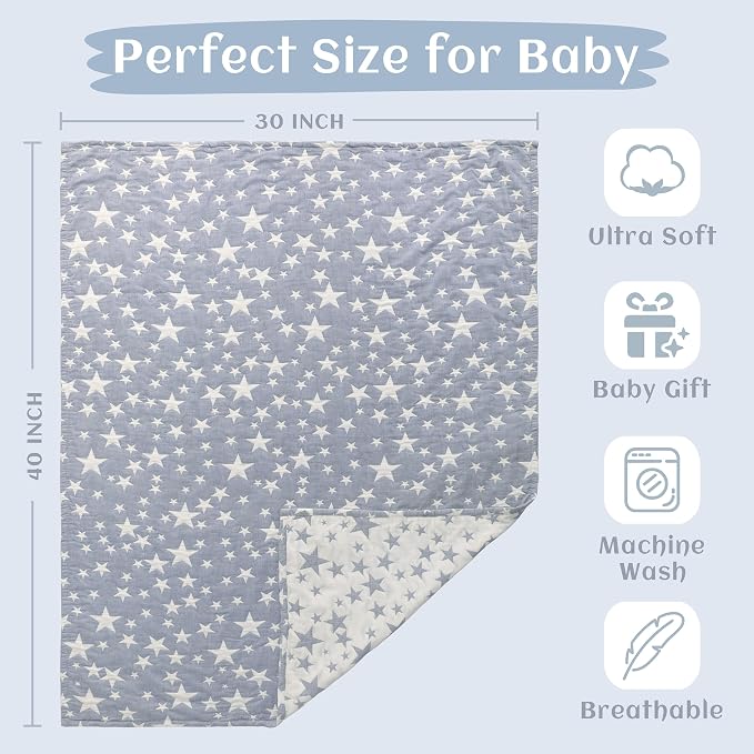 NTBAY 3 Layer Muslin Toddler Blanket, 30 x 40, Blue | Breathable Muslin Cotton Outer Layers with Light Thermal Fill, Reversible for Stroller, Daycare, Travel, and Supervised Use