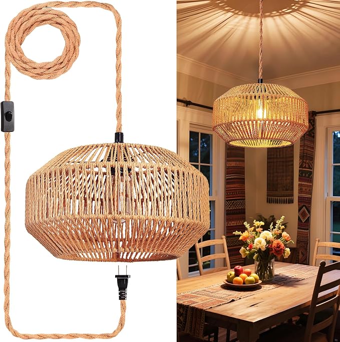 Maliralt Hanging Lamps Rattan Pendant Light Hanging Lights 16.4ft Plug in Cord Pendant Light Fixture Plug Into Wall Outlet Pendant Lighting with On Off Switch for Bedroom Living (Pumpkin Shade)