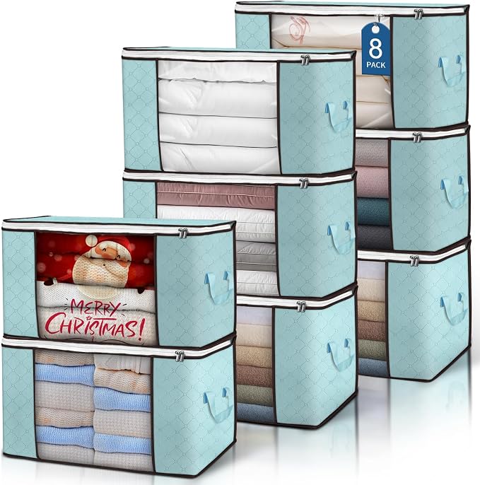 90L Large Storage Bags, 8 Pack Clothes Storage Bins Closet Organizers | Foldable Storage Containers, with Reinforced Handle, for Clothing, Blanket, Comforters, Bed Sheets, Pillows and Toys
