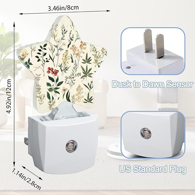 Spring Wildflowers Night Light,Green Herb Plants Plug-in Star Night Lights with Dusk-to-Dawn Sensor for Bedroom,Bathroom,Living Room Sleep Friendly Lamp for Women Girls Boys Gift,0.5W