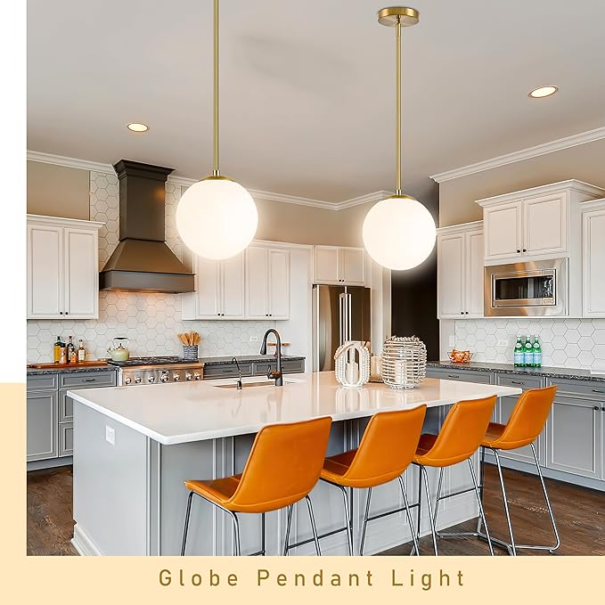 10" Globe Pendant Light Gold 2 Pack Mid Century Pendant Light Globe Pendant Lights Kitchen Island Brushed Brass Finished with Milk Glass Adjustable Ceiling Light Fixtures for Dining Room Bar