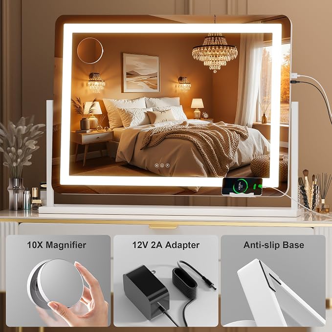 Hasipu Vanity Mirror with Lights, 34.3" x 25.2" LED Makeup Mirror, Light up Mirror with 10X Magnification and Phone Holder, USB Charging Port, Smart Touch 3 Colors Dimmable (White)