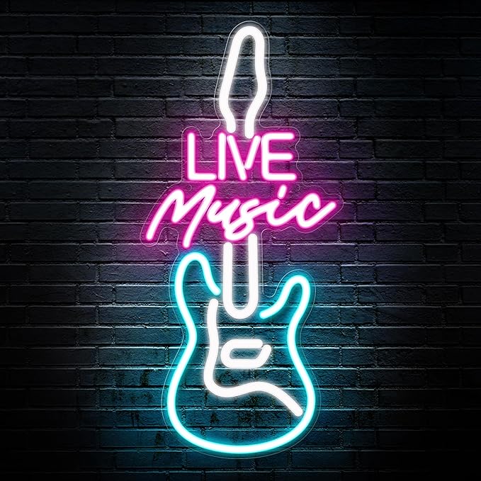 Kavaas Live Music Neon Sign for Wall Decor, LED Guitar Shaped Sign for Music Studio, Bar, Bedroom, Party, Man Cave - Best Gifts for DJs Enthusiast, Birthday, Christmas