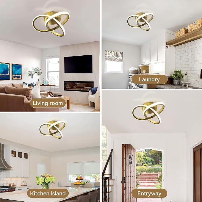 10 Inch Modern Ceiling Light, 24W LED Dimmable Ceiling Light with Remote Control, 3000-6000K Color Temperature Adjustable, Gold Small Chandelier for Bedroom, Entryway, Hallway, Kitchen