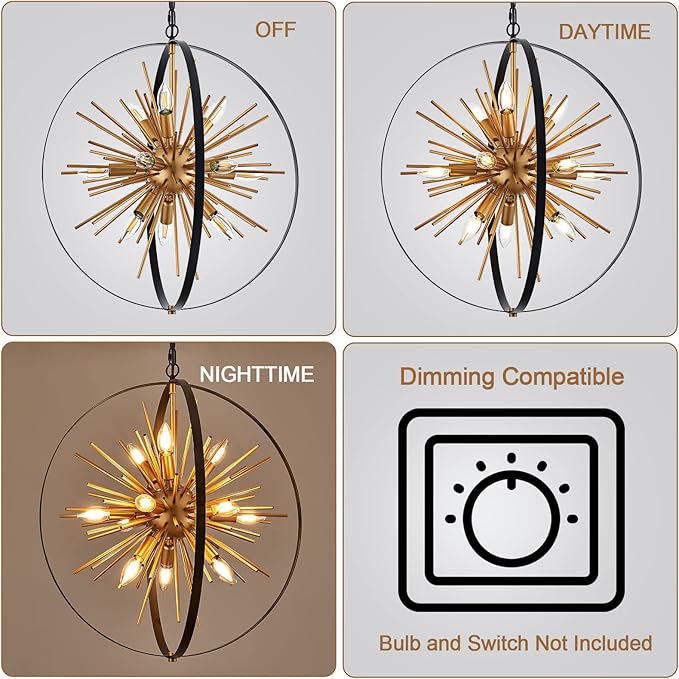 23.2" Black Gold Globe Sputnik Chandelier, 12-Light Mid Century Modern Industrial Starburst Golden Metal Satellite Light Fixture for Entryway Foyer Bedroom Dining Living Room Hallway, E12