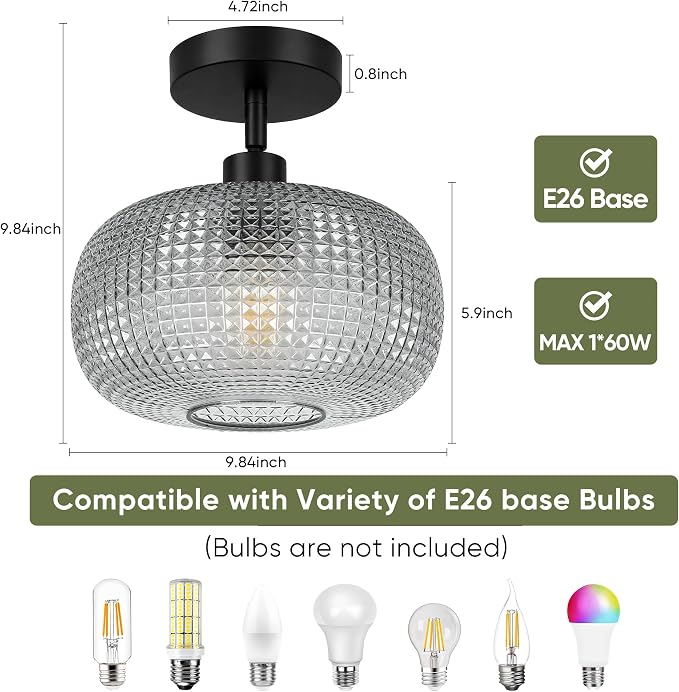 ROTTOGOON Semi Flush Mount Ceiling Light, Adjustable Hanging Sloped Ceiling Lights with Smoky Gray Glass Shade Modern Hallway Light Fixtures for Kitchen Bathroom Entryway Bedroom (Bulb Not Included)