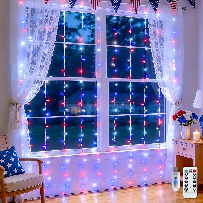 JMEXSUSS 200 LED Red White and Blue Curtain Lights, 6.5ft x 6.5ft | 4th of July Lights USB Plug in, 8 Modes Patriotic Hanging String Lights with Remote for Memorial Day Independence Day Decor