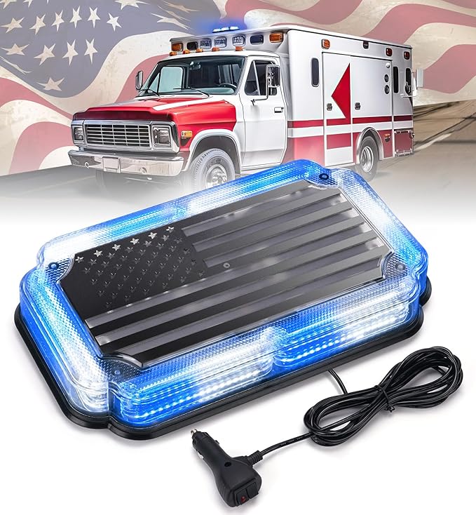 Xprite 108 LED Roof Top Strobe Light, US Flag Pattern Police Flashing Light, Emergency Hazard Warning LED Mini Strobe Lightbar w/Magnetic Base for Police Firefighter EMS Vehicles Trucks, Blue White