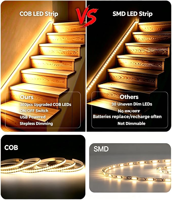 6FT USB COB LED Light Strip, Cuttable Behind TV Backlight, Bright Warm White 5V Strip Lights for Bedroom Kitchen, Small Short Dimmable LEDs Strips Under Bed Cabinet, Luces LED para TV Cocina Cuarto