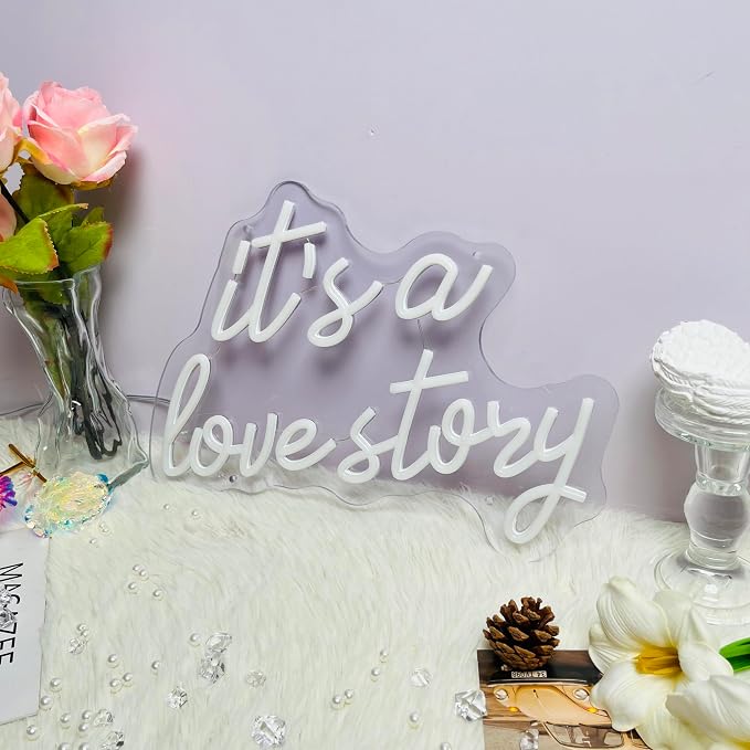 Its a Love Story Neon Sign, Cold White USB Led Light Up Signs for Bedroom Aesthetic Birthday Wedding Party Gift Boyfriend Girlfriend Lover Women Men Room Bathroom Decoration Gift, 15.7 x 11.8 Inch