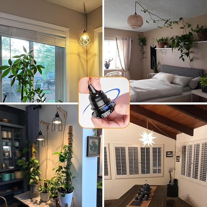 Vintage Plug in Pendant Light with Hemp Rope Cord 16.4 ft, 1-Light Hanging Light Cord Kit with On/Off Switch Farmhouse Black E26 Lamp Socket