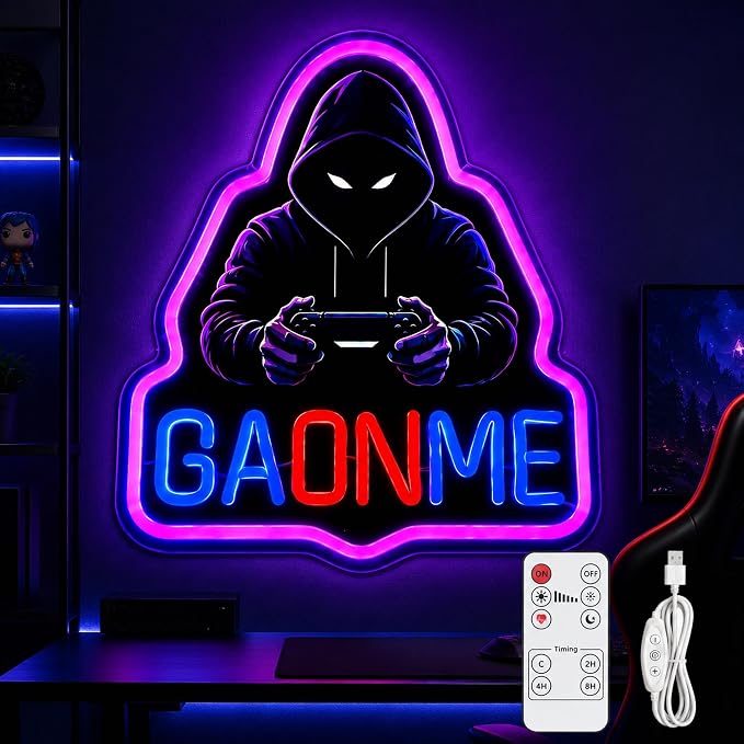 Game On Neon Sign: LED Light With Remote For Boy Room Decor | USB 5-Min Install - Dimmable Timer 2/4/8H Gaming Wall Decor for Man Cave Boys Teen Game Bedroom Basement