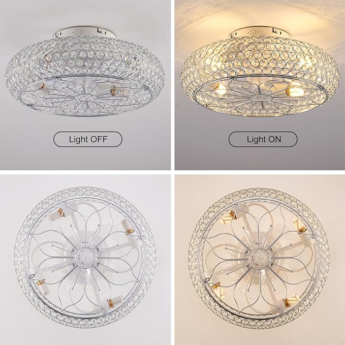 20" Crystal Ceiling Fan with Lights - Enclosed Bladeless Design, Reversible DC Motor & Remote, 6-Speed Quiet, Flush Mount Low Profile Electroplated Mirror Finish, for Bedroom/Living Room
