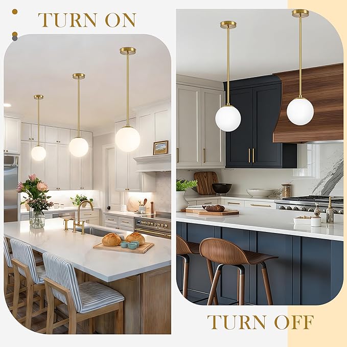 6" Globe Pendant Light Gold 2 Pack Mid Century Pendant Light Globe Pendant Lights Kitchen Island Brushed Brass Finished with Milk Glass Adjustable Ceiling Light Fixtures for Dining Room Bar