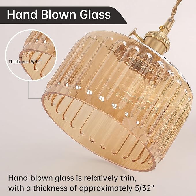 Plug in Pendant Light Hanging Light Fixtures with Plugin Cord On/Off Switch,Amber Striped Glass Lampshade Brass Pendant Light