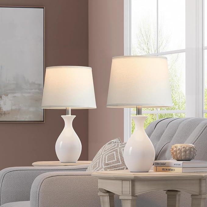 Table Lamp Set of 2, Modern Ceramic Bedside Lamps for Night Stands, Classic Small Lamp Nightstand Lamp for Bedroom Living Room Desk End Table Rocker Swtich White