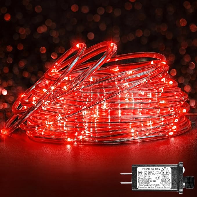 66FT 200 LED Rope Lights Outdoor Waterproof, Connectable Rope Lights for Outside with 8 Modes, Plug in Flexible String Lights for Indoor Bedroom Backyard Yard Patio Pool Tree Decorations - Red