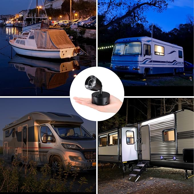 4 Pieces DC12V- 24V RV Lights Interior Reading Lamp Rotatable LED Bedside Lamp 3W RV LED Spotlight for Boats, Trailers, Vans and Motorhomes (Black, White Light 6000K)