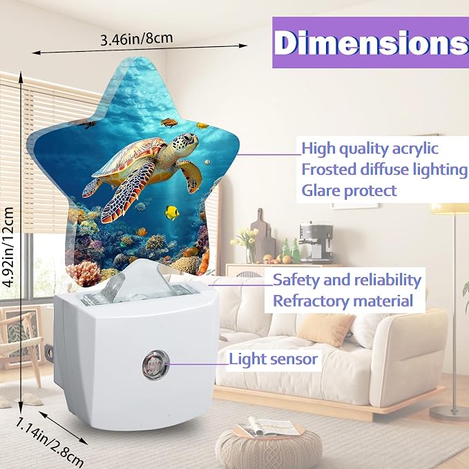 Sea Turtle Night Lights Plug Into Wall,Blue Ocean Dusk to Dawn Light Sensor Night Light for Kids, Energy Efficient Sleep Friendly Lamp for Bedroom Bathroom Nursery