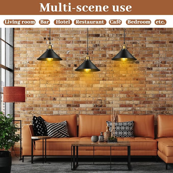12 Pcs Industrial Pendant Light Vintage Metal E26 Base Hanging Light Rustic Dome Pendant Lamp Fixture Farmhouse Kitchen Hanging Ceiling Lamp for Dining Room Bedroom Hallway Bar (Black)