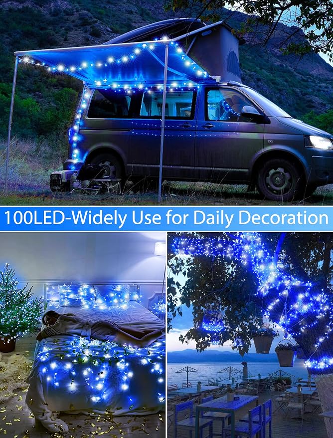 33FT 100 LED White Blue Christmas Fairy Twinkle String Lights Indoor | 8 Modes with Memory, Connectable, IP65 Waterproof, Transparent Wire, Up to 5 Sets, Widely use for Classroom, Bedroom, dorm