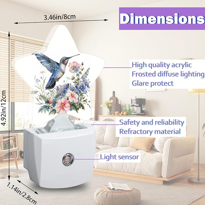 Night Lights Plug Into Wall Decorative,Hummingbird Nightlights for Kids Bedroom, Spring Flowers Energy Efficient Dusk-to-Dawn Sensor Sleep Friendly Lamp for Nursery Bathroom