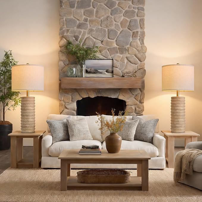 PoKat 27'' Farmhouse Table Lamps Set of 2 for Living Room, Stone Like | Bedside lamp for bedroom, boho and distressed style, hand-textured ceramic design, tall lamp decor for sideboard & entryway