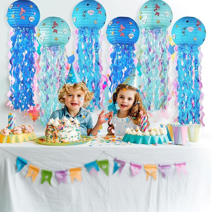 12" Blue Jellyfish Lanterns - Mermaid Birthday Decorations, Under the Sea Party Supplies, Ocean Theme Hanging Jellyfish Decor for Classroom, Nautical Events, and Underwater Adventure (Set of 6)