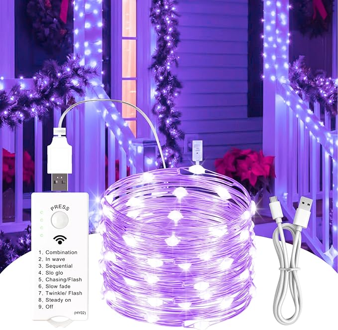 ZSJWL Rechargeable Fairy Lights with DIY Timer & 8 Modes, 16FT 50LED String Lights Battery Operated Indoor, Twinkle mini Lights for Bedroom Christmas Wedding Centerpiece Decor (Purple)