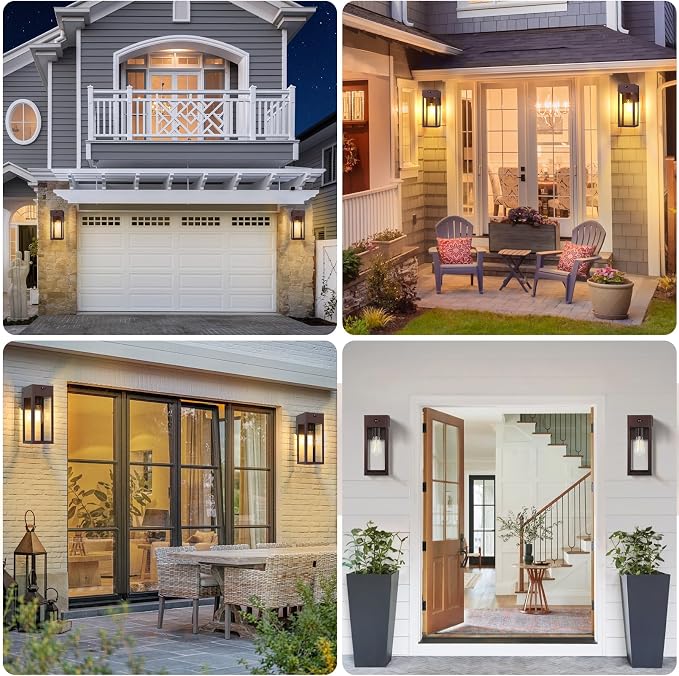 Porch Lights with GFCI Outlet, 2Pack Motion Sensor Outdoor Lights | Dusk to Dawn, Anti-Rust, Waterproof, Tempered Glass, Easy Installation, E26 Socket, Exterior Lighting for Patio, Brown