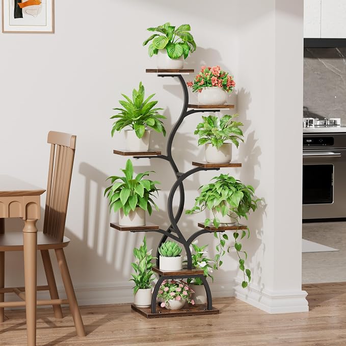 Plant Stand Indoor with Grow Light - 8 Tiered Corner Plant Shelf Indoor | 49" Plant Holder with Lights for Indoor Growing, Tall Lighted Flower Stand for Living Room, Balcony, Brown
