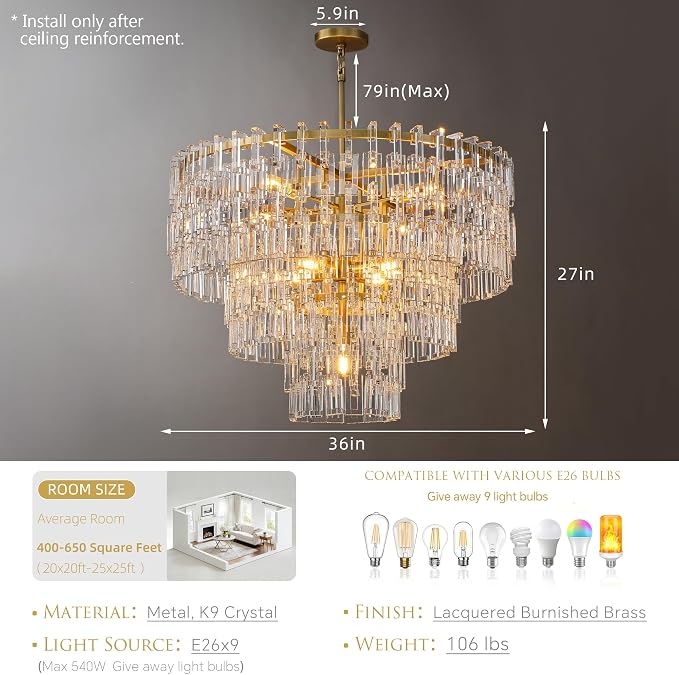 36'' W Round Crystal Chain Chandelier 9-Light E26 Modern Pendant Light, Burnished Brass Finish with 350+ Crystal Links, 79 Inch Adjustable Hanging Rod, For Foyer, Dining Room, Living Room, Gold