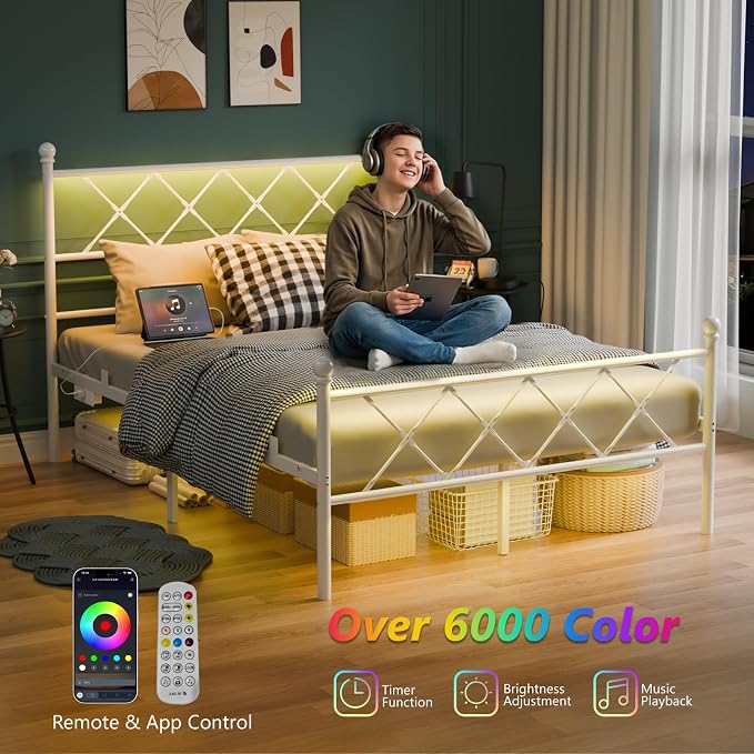VINGLI Full Bed Frame with LED Lights & Charging Station, Metal Platform Bed Frame with Headboard, USB Ports, Under Bed Storage, Noise Free, No Box Spring Needed, Easy Assembly, White