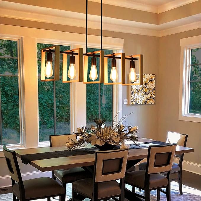 Kitchen Island Lighting Hanging for Farmhouse Linear Chandeliers,Modern Chandelier Over Table, Matte Black Rustic Wood Ceiling Pendant Light,Dining Room Hanging Light Rustic Wood