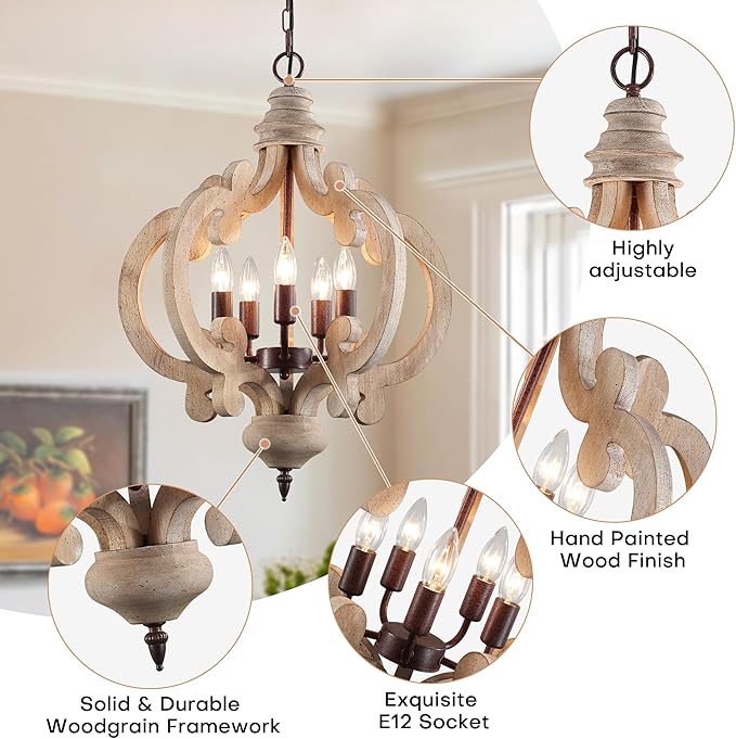 5-Light Farmhouse Chandelier, Rustic Wood and Metal Light Fixture with Distressed White Finish & Rust Accents, Adjustable Height for Dining Room, Kitchen Island, Entryway, Foyer, Bedroom