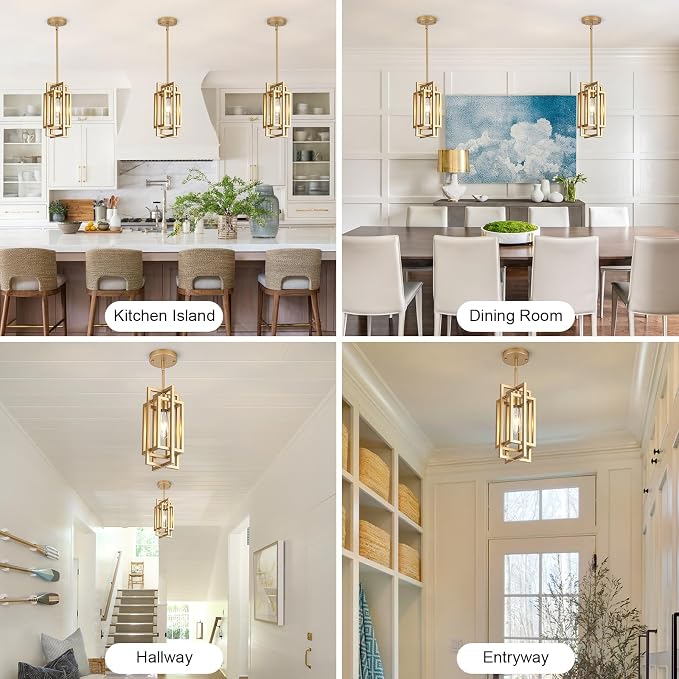 Modern Pendant Light Fixtures 2 Pack 1 Light, Gold Finish Cage Farmhouse Pendant Lights with Max 59'' Adjustable, Small Square Pendant Ceiling Hanging Light for Kitchen Island Dining Room Entryway