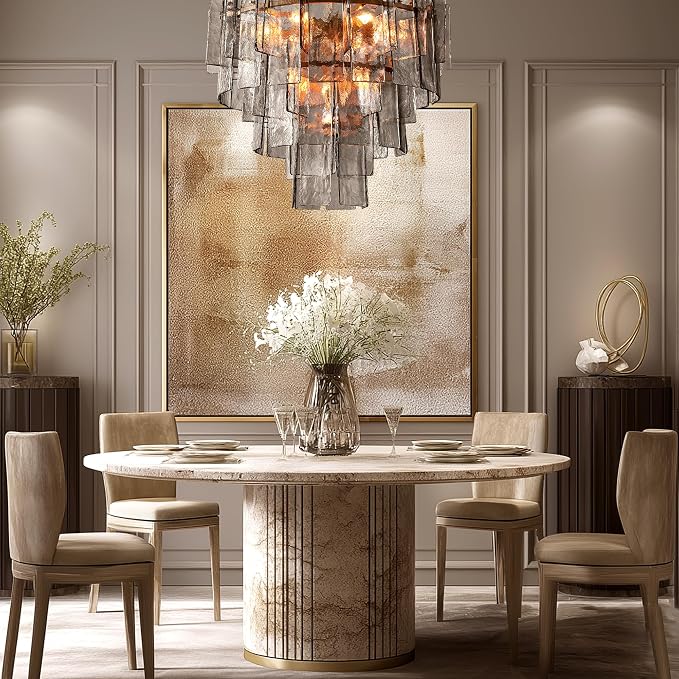 36" Extra Large Tiered Smoked Clear Textured Glass Chandelier, 10-Light Modern Pendant Lighting with E26 Sockets, 56" Adjustable Rods, Ceiling Fixture for Dining Room, Living Room, Foyer (Gold)